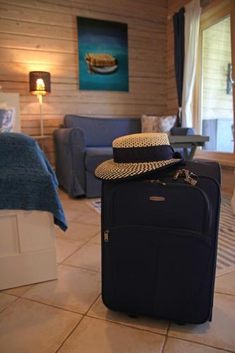 a hat sitting on top of a suitcase in a living room at Lavender Village in Kiemeliai
