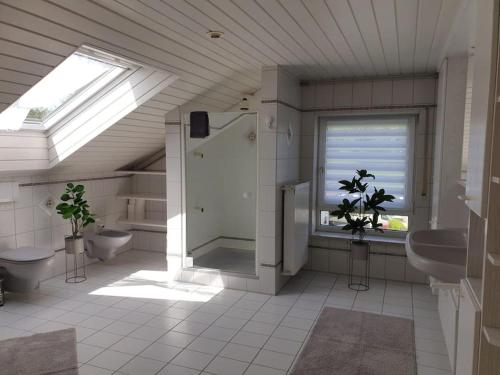 baño con 2 aseos, ducha y ventana en Moderne DG-Wohnung in Mainleus, en Mainleus
