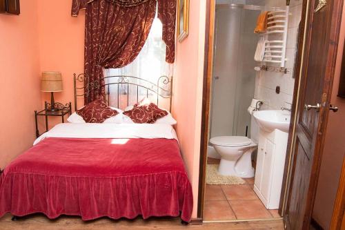 ein Schlafzimmer mit einem Bett, einem WC und einem Fenster in der Unterkunft Bocianówka in Baranów Sandomierski
