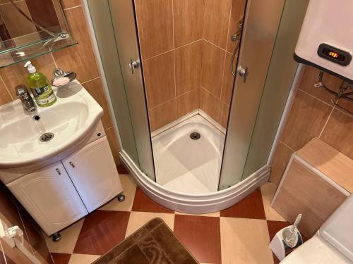 卡拉干達的住宿－Уютная квартира Н.Абдирова 32，带淋浴和盥洗盆的小浴室