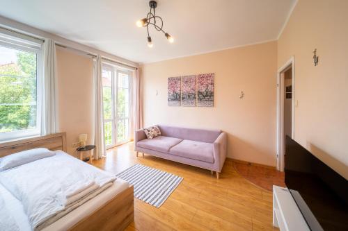 sypialnia z łóżkiem i kanapą w obiekcie Magnolia Vision Apartment - Rynek w mieście Opole