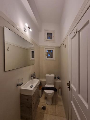 a bathroom with a toilet and a sink and a mirror at Anthoula Home Paros in Naousa