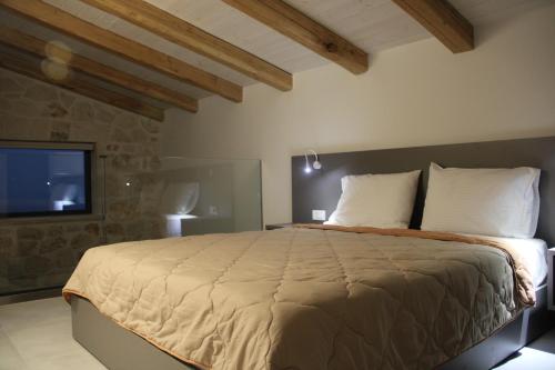 um quarto com uma cama grande e uma televisão em Aroa Eco Living Experience em Volímai