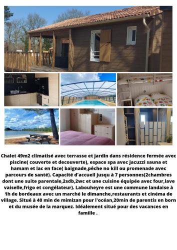 un collage de photos d'une maison dans l'établissement Chalet la landaise en bord du lac de Peyre à Labouheyre, à Labouheyre
