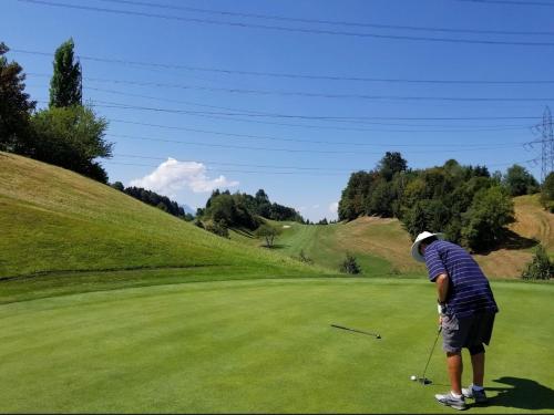 a man is playing golf on a golf course at Suite Room in shared apartment with Mt Rigi View in Goldau