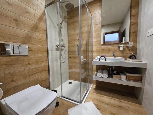 a bathroom with a shower and a toilet and a sink at BudinSKI Apartmány & Wellness in Liptovský Mikuláš