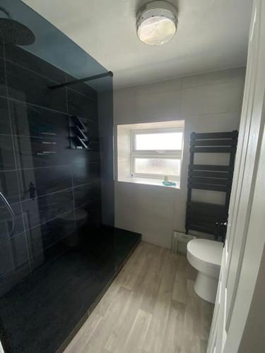 a bathroom with a toilet and a glass shower at Stunning Two bed cottage in Rhuddlan