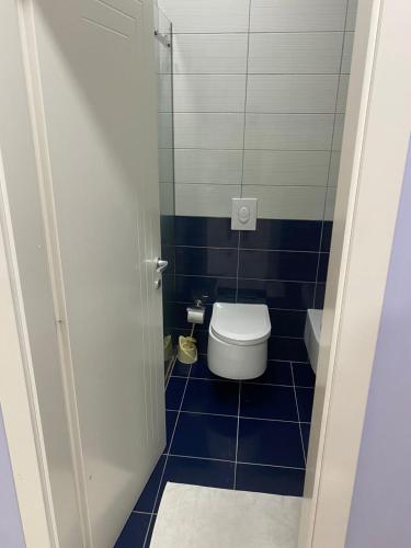 a small bathroom with a toilet and blue tiles at AMMEN Rooms in Shëngjin