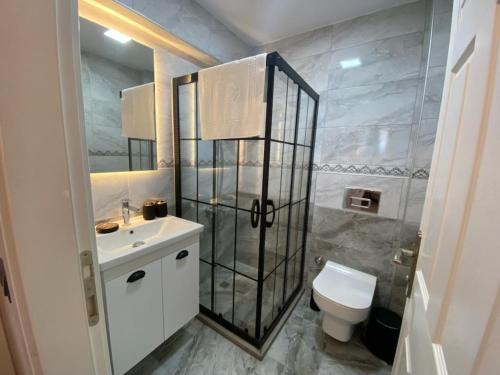 a bathroom with a shower and a toilet and a sink at Tinos Otel & Bağ Evi 12 Yaş Üstü in Bozcaada
