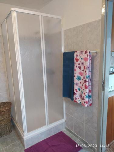 uma cabina de duche com uma toalha e um toalheiro em Oeste Casa em Vale Covo