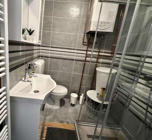 uma pequena casa de banho com lavatório e WC em Good Times Apartment em Sarajevo