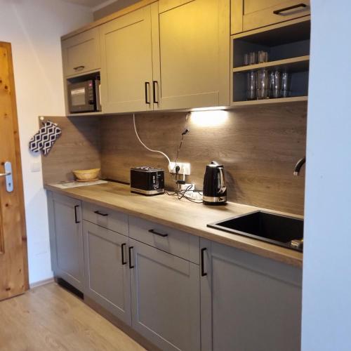 a kitchen with gray cabinets and a counter top at Mountain view apartments in Bad Mitterndorf