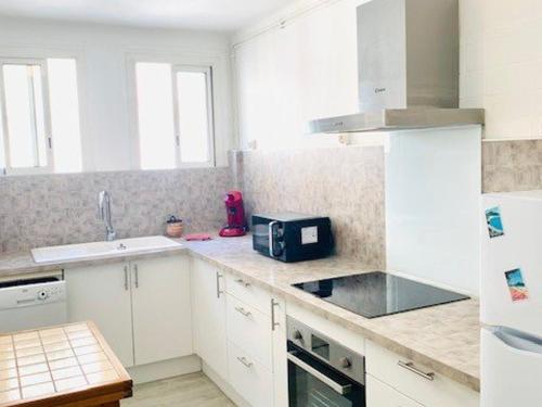 une cuisine blanche avec un évier et un micro-ondes dans l'établissement Charmant F2 en centre-ville avec parking, balcon et équipements modernes - FR-1-703-162, à Amélie-les-Bains-Palalda