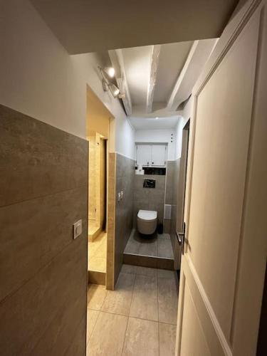 - un couloir d'une salle de bains avec des toilettes et une porte dans l'établissement Appartement avec cachet Arc-de-Triomphe, à Paris