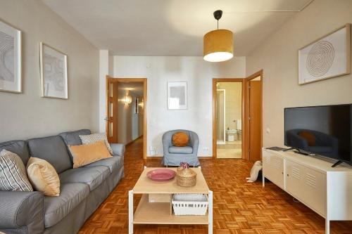 uma sala de estar com um sofá e uma televisão em BBarcelona Marina Flat em Barcelona