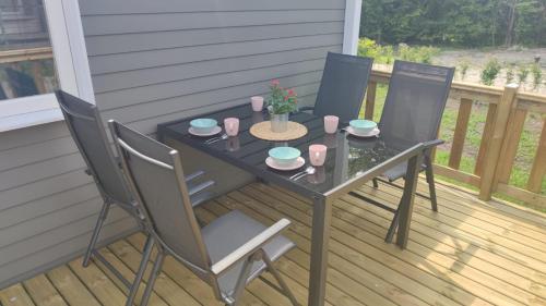een zwarte tafel en stoelen op een terras met een tafel en stoelen bij MOBILHEIM HERZ LAUWERSOOG - Chalet Robbengat in Lauwersoog