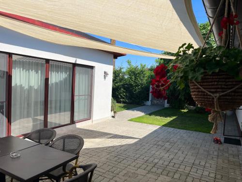 a patio with a table and chairs and a plant at Casa Nicola in Mila Douăzeci şi Trei