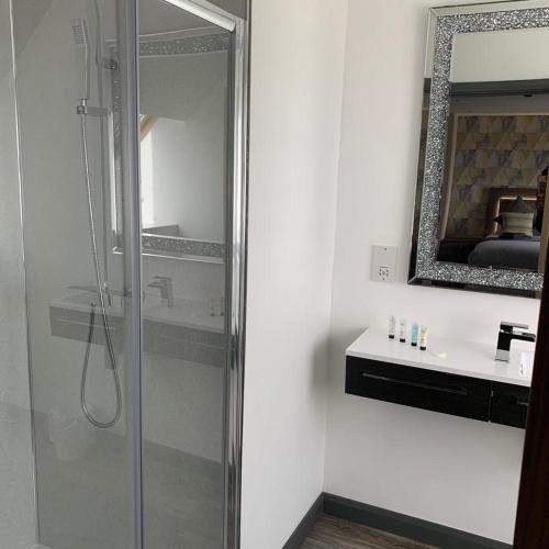 a bathroom with a shower and a mirror at Sunset Studio Apartments in Aberaeron