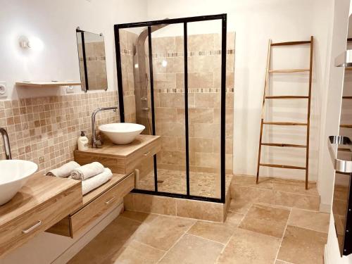 a bathroom with a glass shower and a sink at NEMAUSA APARTIS in Nîmes