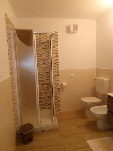 a bathroom with a toilet and a shower in it at Venanzio! in Pianello Del Lario