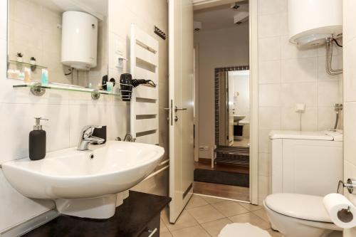 La salle de bains blanche est pourvue d'un lavabo et de toilettes. dans l'établissement New Belgrade Apartments, parking 5 eur per day, à Belgrade