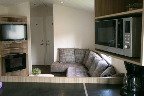 a living room with a couch and a microwave at First Camp Lilleby in Torslanda