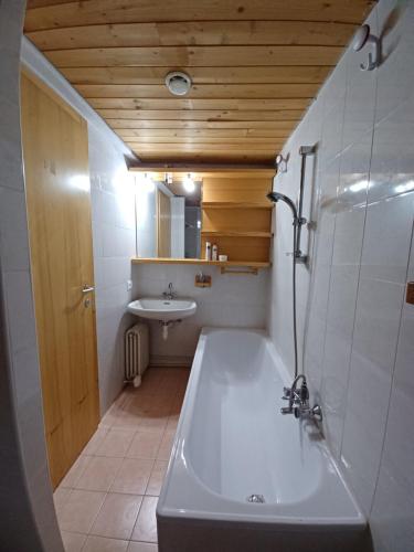 La salle de bains est pourvue d'une baignoire et d'un lavabo. dans l'établissement Ideale per sciatori, relax e natura in mezzo alle Dolomiti, à Marilleva