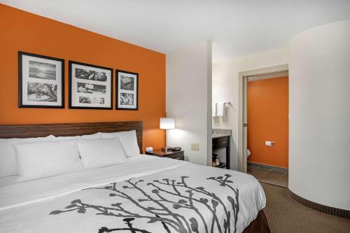 a bedroom with a bed with an orange wall at Sleep Inn DeWitt - Lansing North in DeWitt
