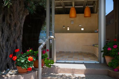 a bathroom with potted flowers on the steps at Island View Villa in Chrysi Ammoudia