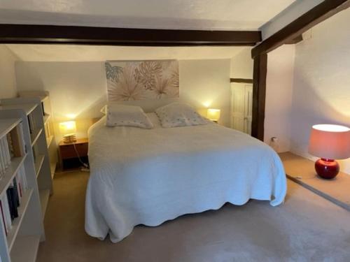 a bedroom with a large white bed and two lamps at Belle villa de charme avec piscine in Tourrettes