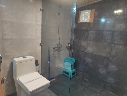 a bathroom with a toilet and a glass shower at LaSerene The Cottage - Pangot in Nainital