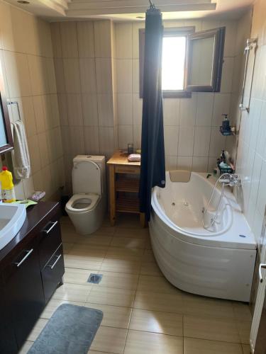 a bathroom with a tub and a toilet and a sink at Λευτερης in Lákkoma