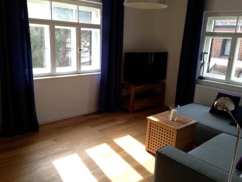 uma sala de estar com um sofá e uma televisão e janelas em Schöne Wohnung Nahe Engl. Garten em Munique