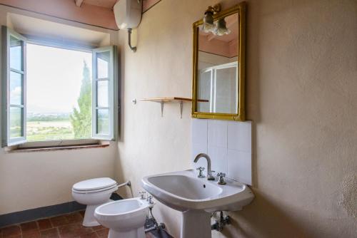 a bathroom with a sink and a toilet and a mirror at Petrolo in Bucine