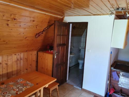 eine kleine Küche mit einem Tisch und ein Badezimmer in der Unterkunft Pod Mareszką in Krempna