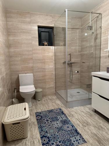 een badkamer met een douche, een toilet en een wastafel bij Садиба Ведмедиця 
