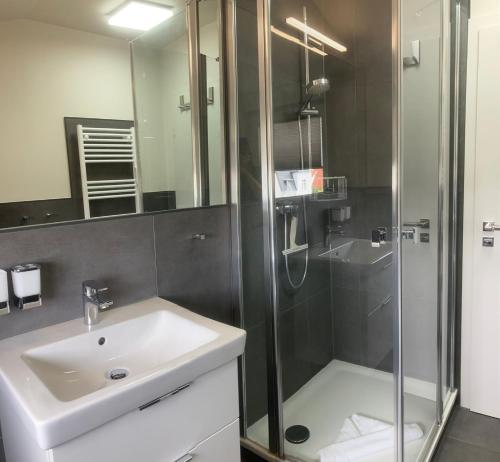W łazience znajduje się umywalka i przeszklony prysznic. w obiekcie Oasis 07 w mieście Cuxhaven