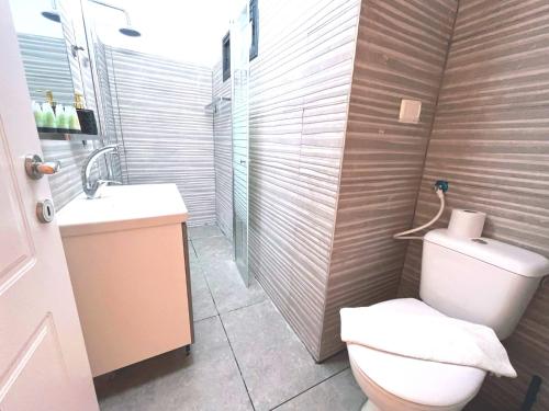 a bathroom with a toilet and a sink and a shower at Bazelet Apartments in Tiberias