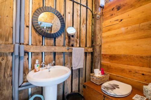 a bathroom with a sink and a mirror in a cabin at Shepherds Hut at The Retreat in Oswestry