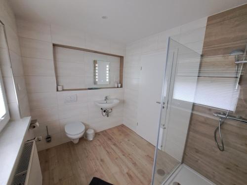 a bathroom with a shower and a toilet and a sink at Gästehaus Ehrhardt in Merseburg