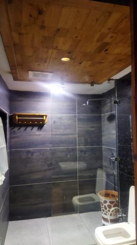 a bathroom with a glass shower with a toilet at Hotel CM Palace - Pure Vegetarian in Ner Chowk