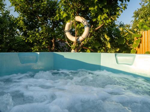 a swimming pool with a lifebuoy in the water at Laguna Nuferilor Habitat in Somova