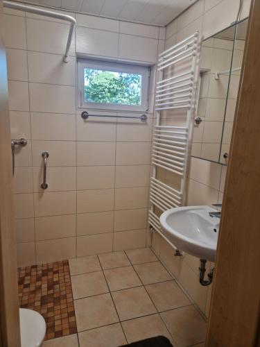 a bathroom with a sink and a mirror at Ferienhaus an der Borner Mühle in Brüggen