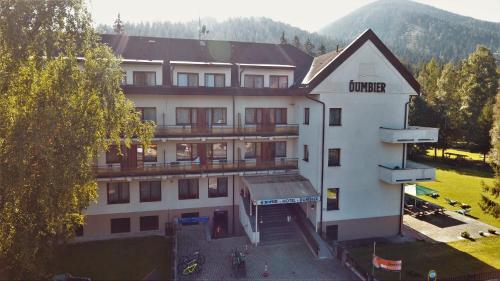 an aerial view of a hotel in the mountains at Hotel SOREA ĎUMBIER in Liptovský Ján