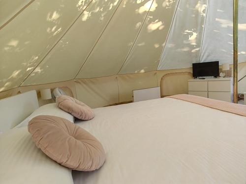 a bed in a tent with two pillows on it at Epic Glamping in Călimăneşti