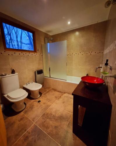 a bathroom with a toilet and a red sink at LengaUsh in Ushuaia