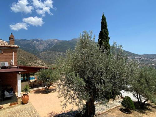 a tree in front of a building with mountains in the background at Harmony Home in Alcaucín
