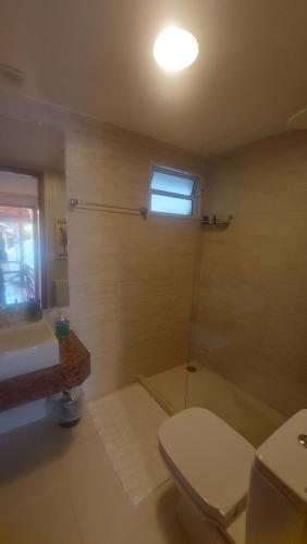 e bagno con servizi igienici, lavandino e doccia. di 3 Palmeiras Guest Lounge a Miguel Pereira