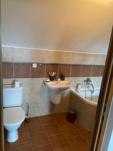 a bathroom with a toilet and a sink and a tub at Statek na samotě in České Meziříčí