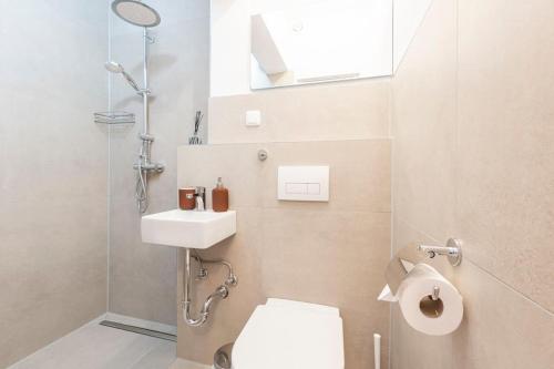 W łazience znajduje się toaleta, umywalka i prysznic. w obiekcie Gemütliches Apartment Neustadt w Bremie
